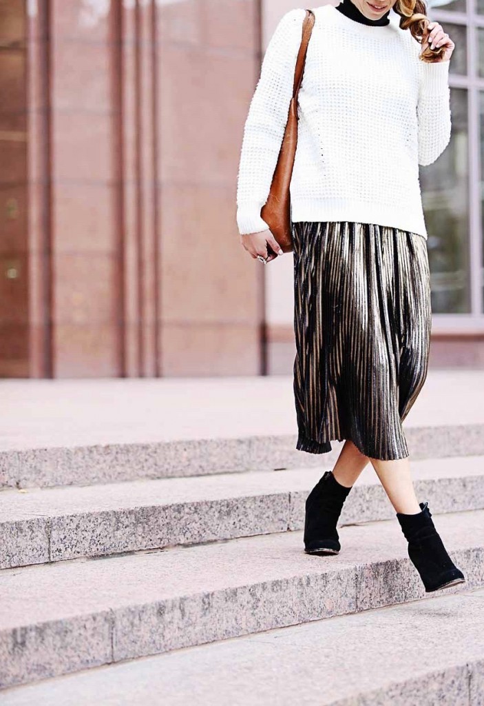 How to Wear the Metallic Pleated Midi Skirt - The Motherchic