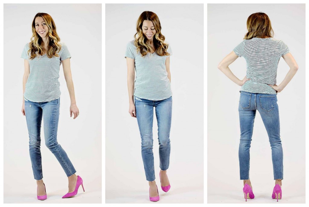 the motherchic wearing gap skinny ankle jeans