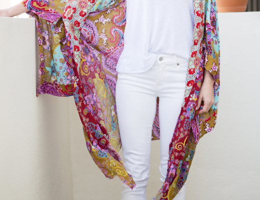 The Motherchic wearing free people kimono and white jeans