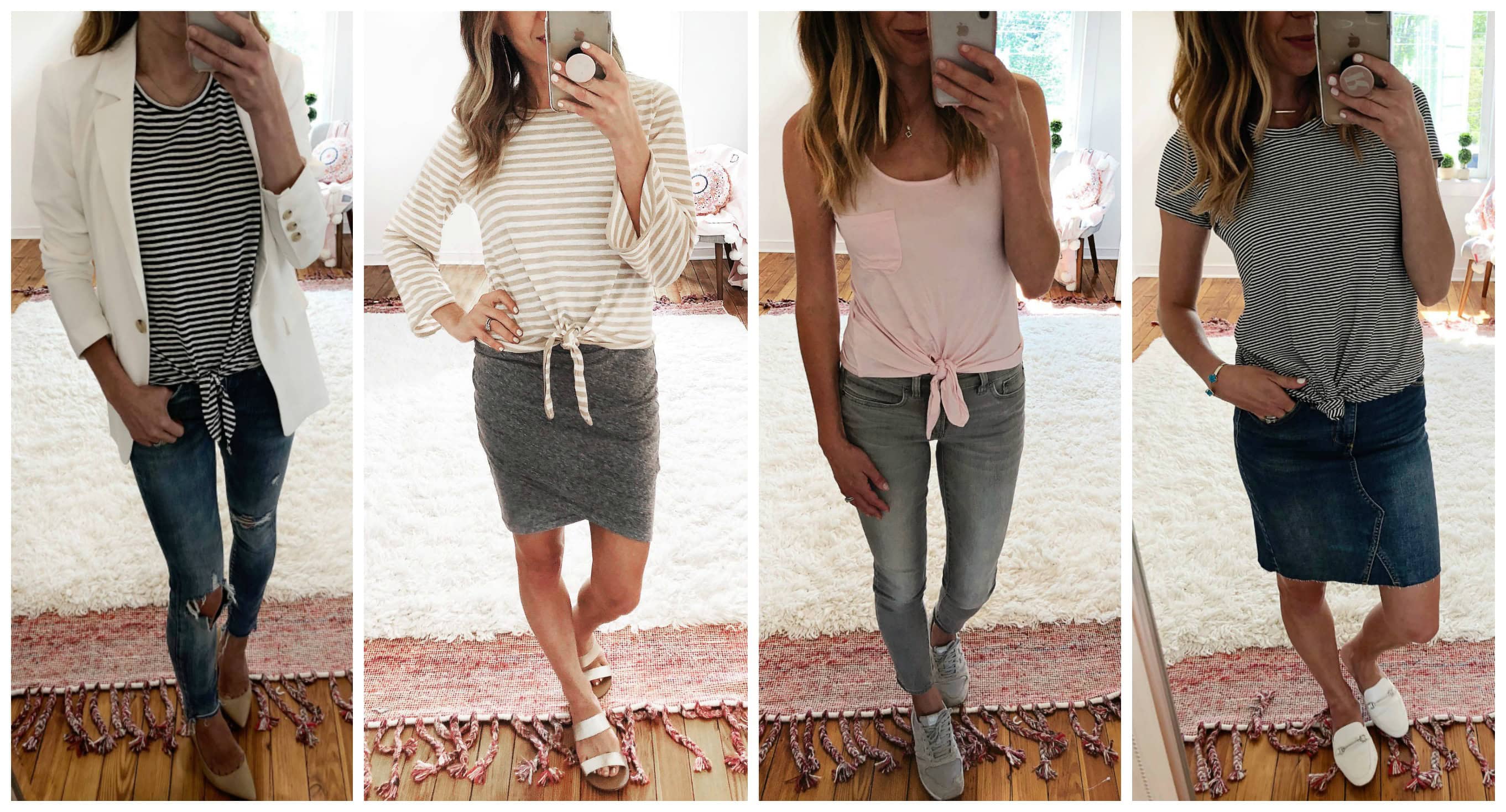 the motherchic wearing tie front tops