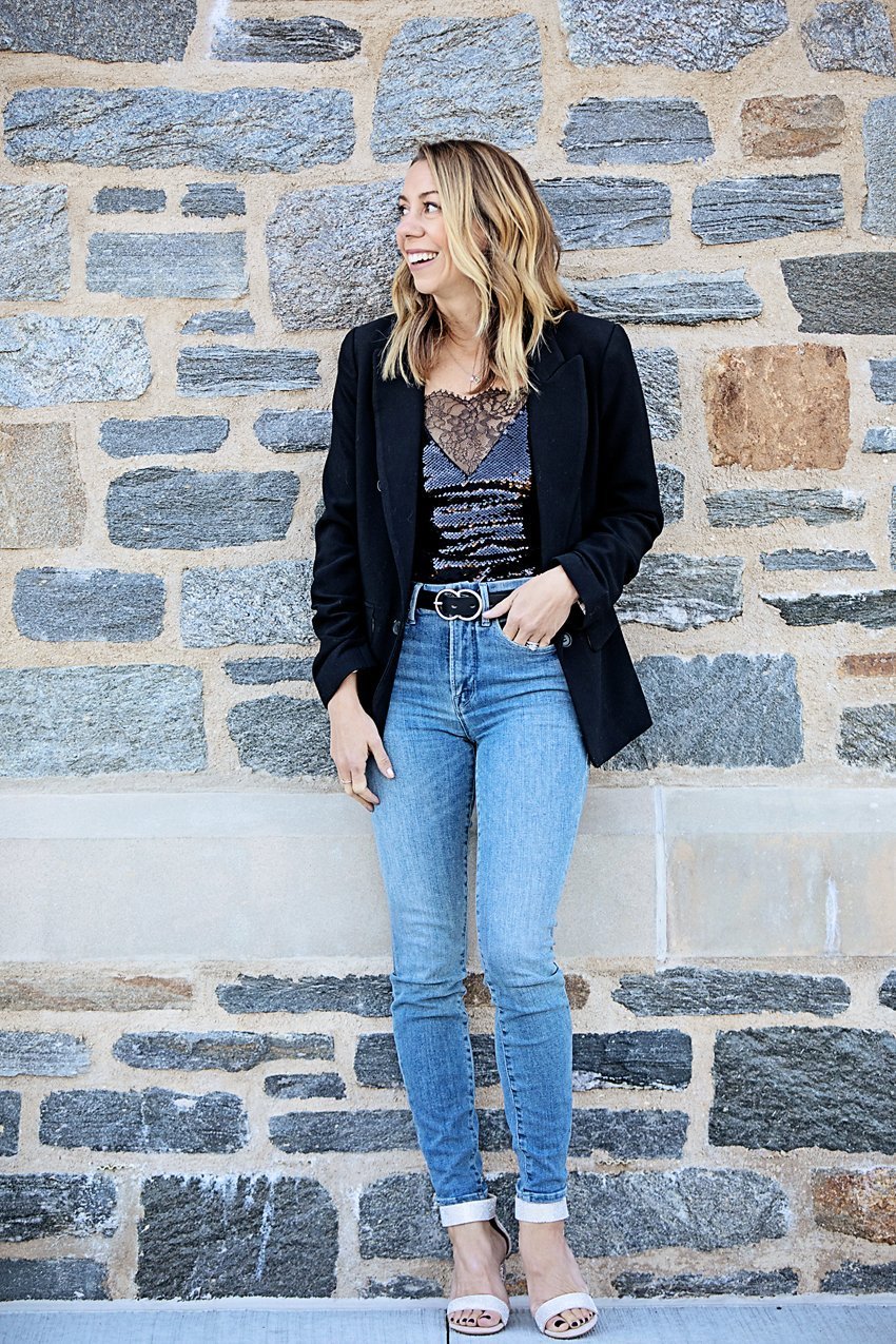 The Motherchic wearing cami NYC bodysuit and Paige jeans to high school reunion outfit idea 
