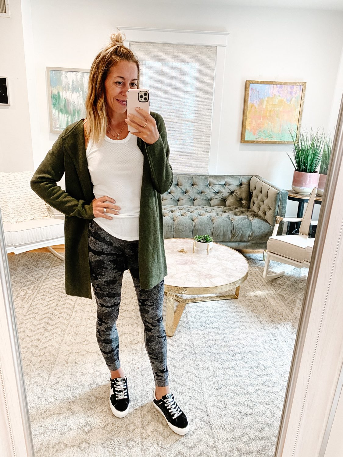 the motherchic wearing jcrew fall jacket coatigan amazon leggings