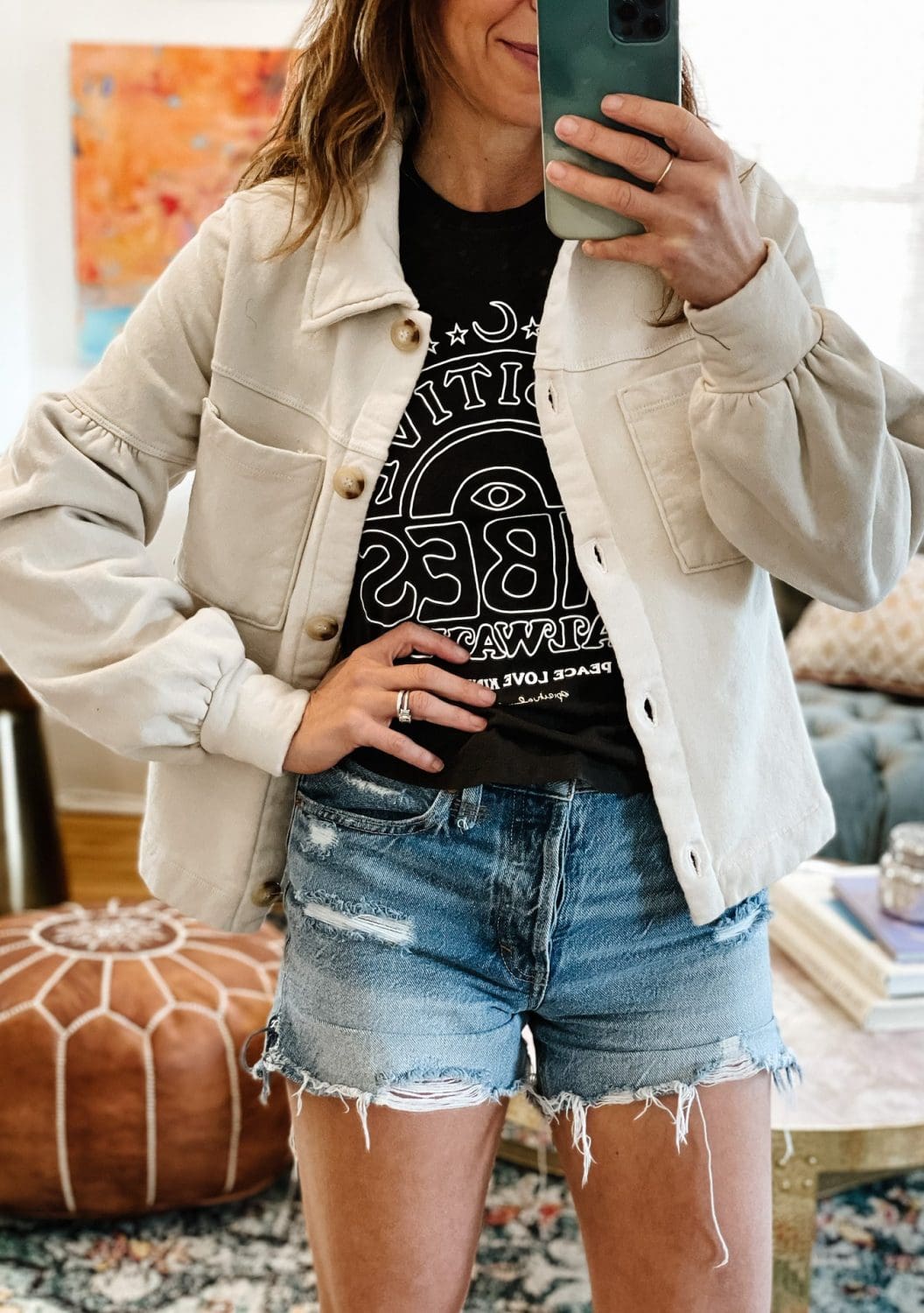 Transitional Style: Mock Neck Sweater and Denim Shorts | Jess Ann Kirby