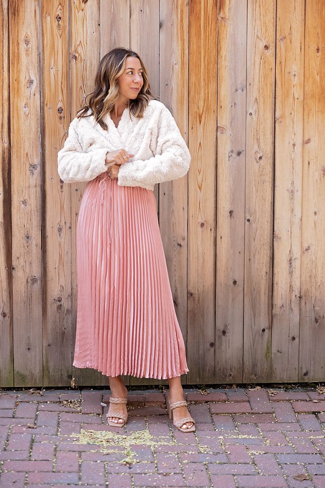 Sweater and skirt 2025 outfit for wedding guest