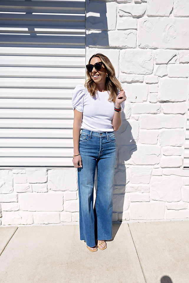 the motherchic wearing wide leg puff sleeve top nordstrom